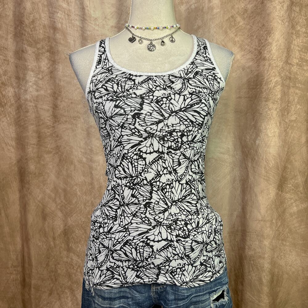 Miley Cyrus Butterfly Tank Top All Over Print Shirt Ribbed Black White Indie Y2K